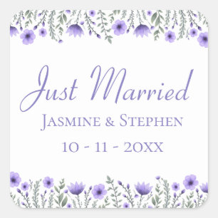 Floral Soeben Verheiratet Lila Blumen Hochzeit Quadratischer Aufkleber