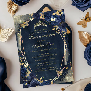 Floral Sparkle Butterfly Navy Gold Quinceanera Folieneinladung