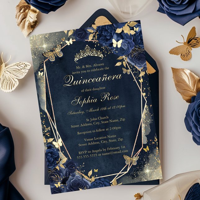 Floral Sparkle Butterfly Navy Gold Quinceanera Folieneinladung (Von Creator hochgeladen)