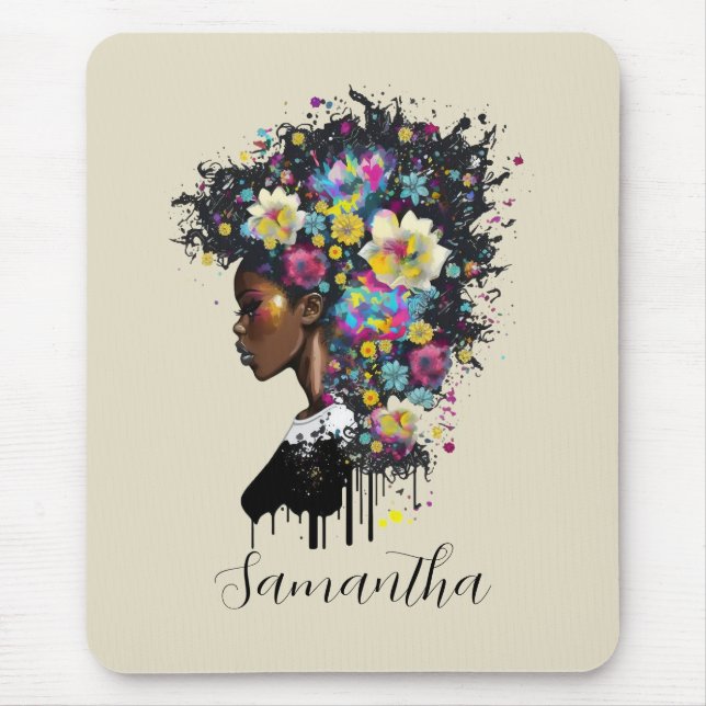 Floral Sparkling afrikanische Amerikanerin Mousepad (Vorne)