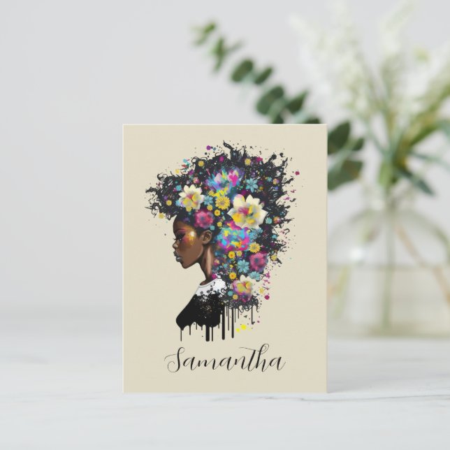 Floral Sparkling afrikanische Amerikanerin Postkarte (Stehend Vorderseite)