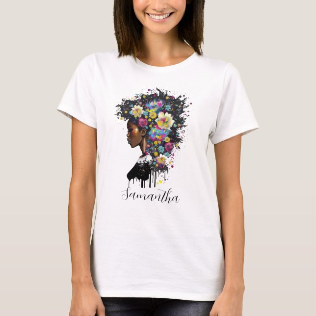 Floral Sparkling afrikanische Amerikanerin T-Shirt (Vorderseite)