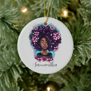 Floral Sparkling Afro Frau Keramik Ornament