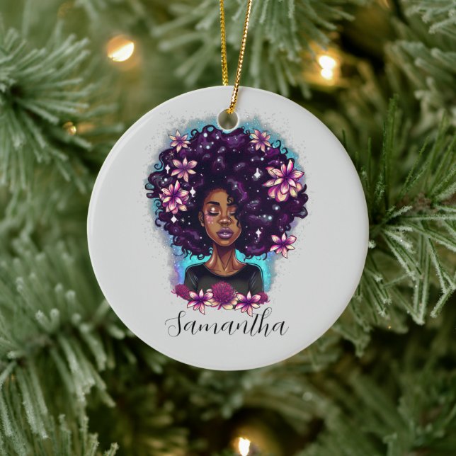 Floral Sparkling Afro Frau Keramik Ornament (Baum)