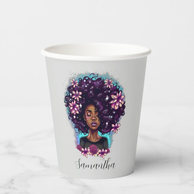 Floral Sparkling Afro Frau Pappbecher (Vorderseite)