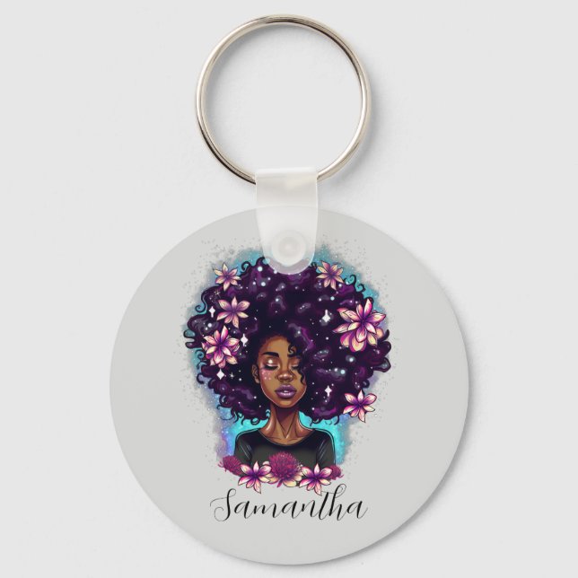 Floral Sparkling Afro Frau Schlüsselanhänger (Vorderseite)