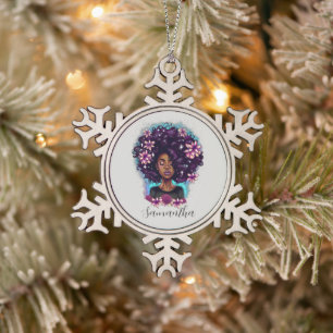 Floral Sparkling Afro Frau Schneeflocken Zinn-Ornament