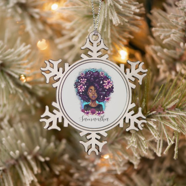 Floral Sparkling Afro Frau Schneeflocken Zinn-Ornament (Baum)