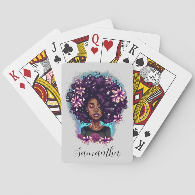 Floral Sparkling Afro Frau Spielkarten (Rückseite)