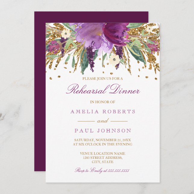 Floral Sparkling Amethyst Wedding Probe Dinner Einladung (Vorne/Hinten)