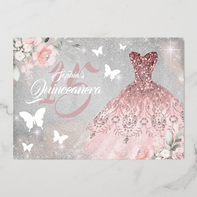 Floral Sparkress Butterfly Pink Quinceanera Folieneinladung (Vorderseite)