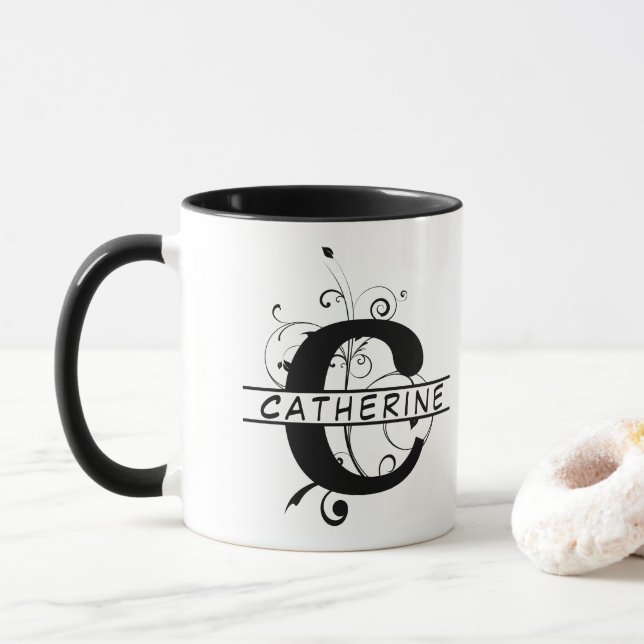 Floral Split Angepasstes Alphabet-Monogramm Letter Tasse (Mit Donut)