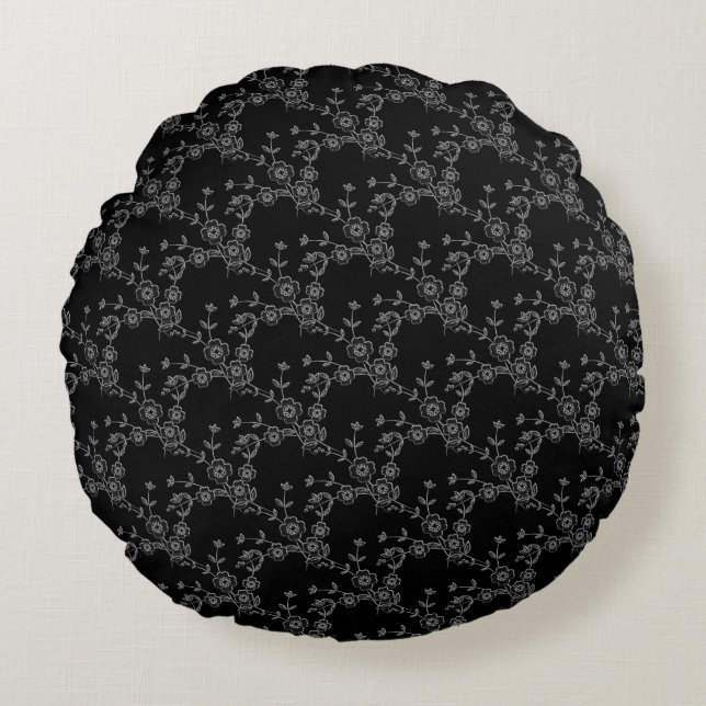 Floral Spray-S1-Black-Silver-16in ROUND PILLOW Rundes Kissen (Vorderseite)