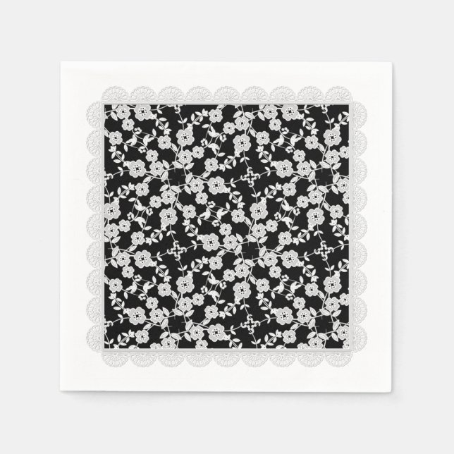 Floral Spray,spitz-weiß-schwarz-PAPIERPARTY NAPKIN Serviette (Vorderseite)
