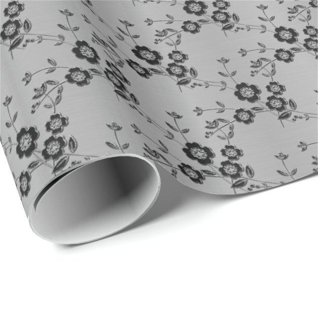 Floral Spray, Style 1-SILVER-GIFT-WRAPPING-PAPIER Geschenkpapier (Rolleneckpunkt)