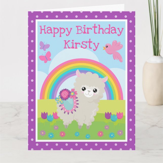 Floral Spring Llama & Rainbow Birthday Karte (Vorderseite)