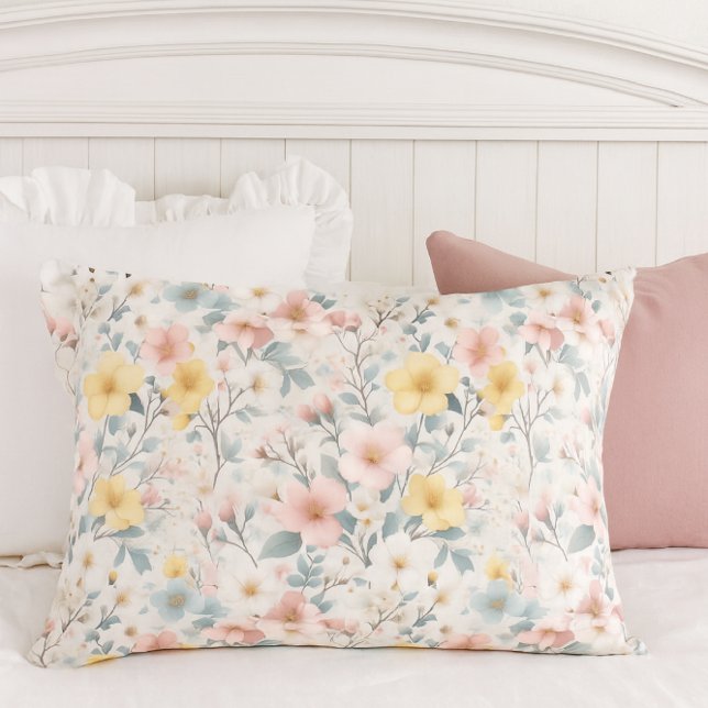 Floral Spring Meadow Pink Yellow  Kissenbezug (This charming pillowcase brings a touch of cottage-style elegance to your spring and summer bedroom.)