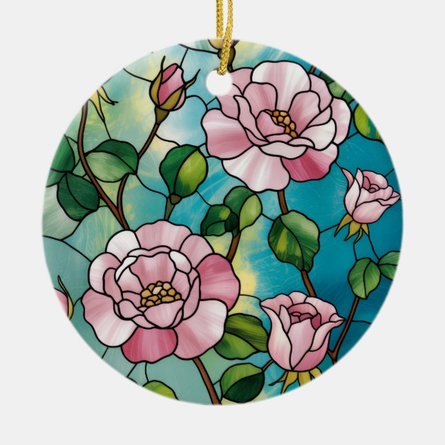 Floral Stained Glass Effect Pink Flowers Botanical Keramik Ornament (Vorne)