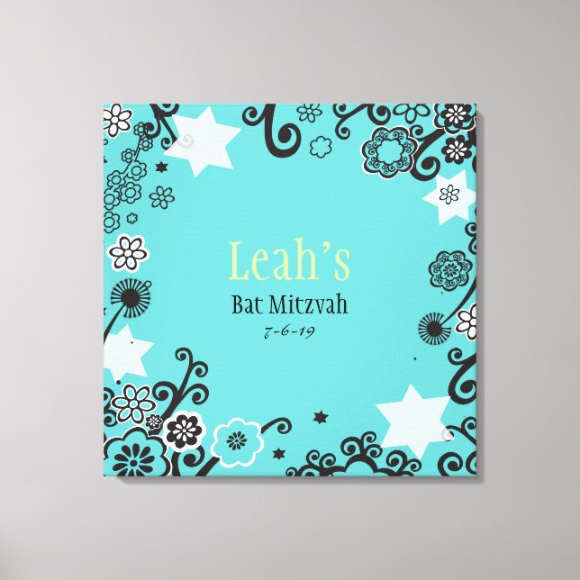 Floral Star Aqua Bat Mitzvah Sign-In Board Leinwanddruck (Vorderseite)