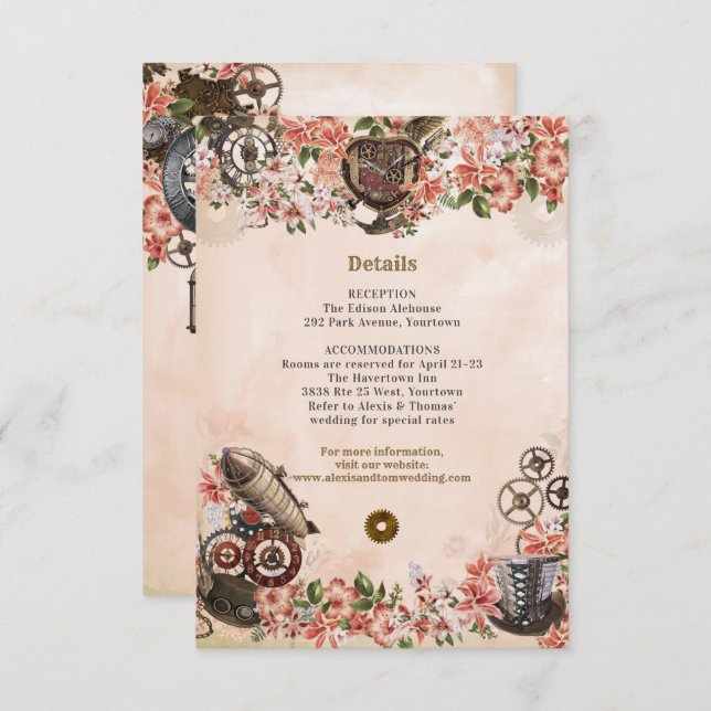Floral Steampunk Hochzeitsempfang Beilage Einladung (Vorne/Hinten)