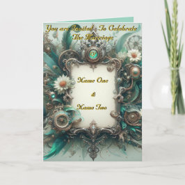 Floral Steampunk Wedding Green und Silver Einladung