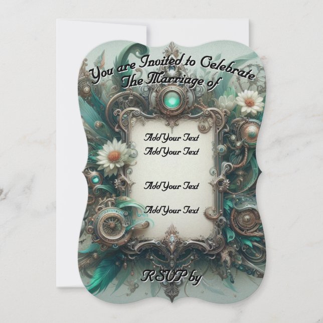 Floral Steampunk Wedding Green und Silver Einladung (Vorderseite)