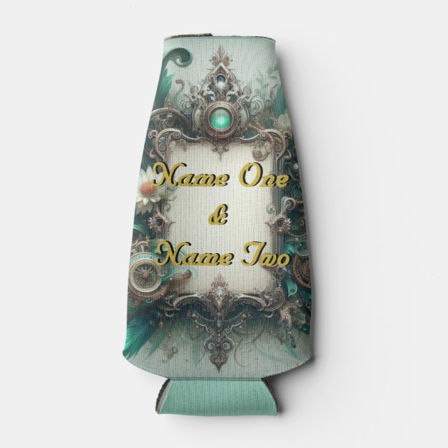 Floral Steampunk Wedding Green und Silver Flaschenkühler (Vorderseite)