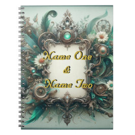 Floral Steampunk Wedding Green und Silver Notizblock
