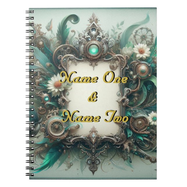 Floral Steampunk Wedding Green und Silver Notizblock (Vorderseite)