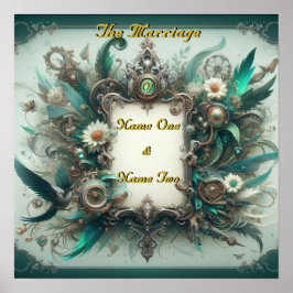 Floral Steampunk Wedding Green und Silver Poster