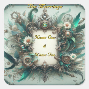 Floral Steampunk Wedding Green und Silver Quadratischer Aufkleber
