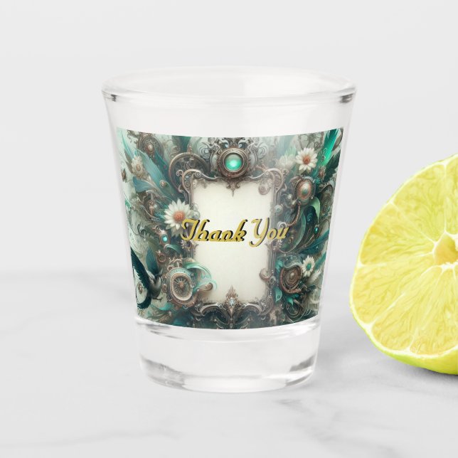 Floral Steampunk Wedding Green und Silver Schnapsglas (Vorderseite)