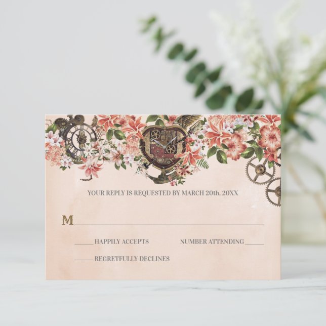 Floral Steampunk Wedding RSVP Karte (Stehend Vorderseite)