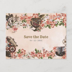 Floral Steampunk Wedding Save the Date Postkarte