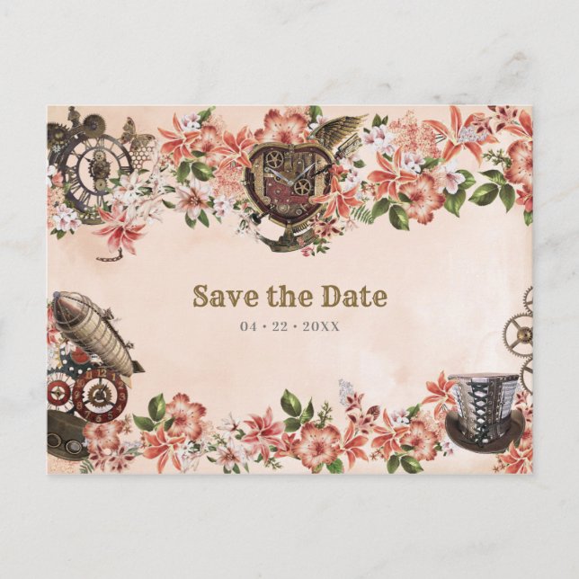 Floral Steampunk Wedding Save the Date Postkarte (Vorderseite)