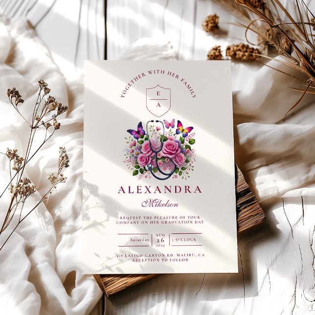 Floral Stethoscope Butterfly Nurse Abschluss Einladung (Von Creator hochgeladen)