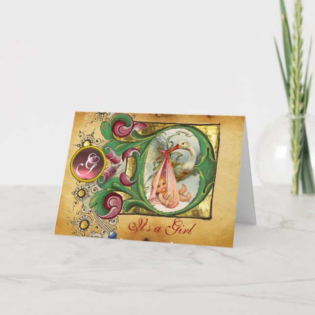 FLORAL STORK MIRL BABY SHOWY PINK GEM MONOGRAM EINLADUNG (Vorderseite)