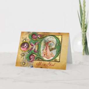 FLORAL STORK MIRL BABY SHOWY PINK GEM MONOGRAM EINLADUNG