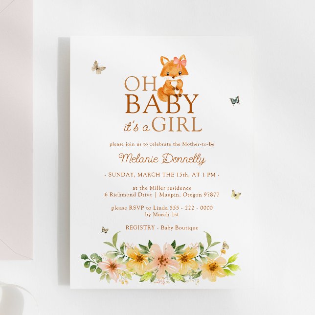 Floral Storybook Fox Oh Baby Girl Shower Einladung (Von Creator hochgeladen)