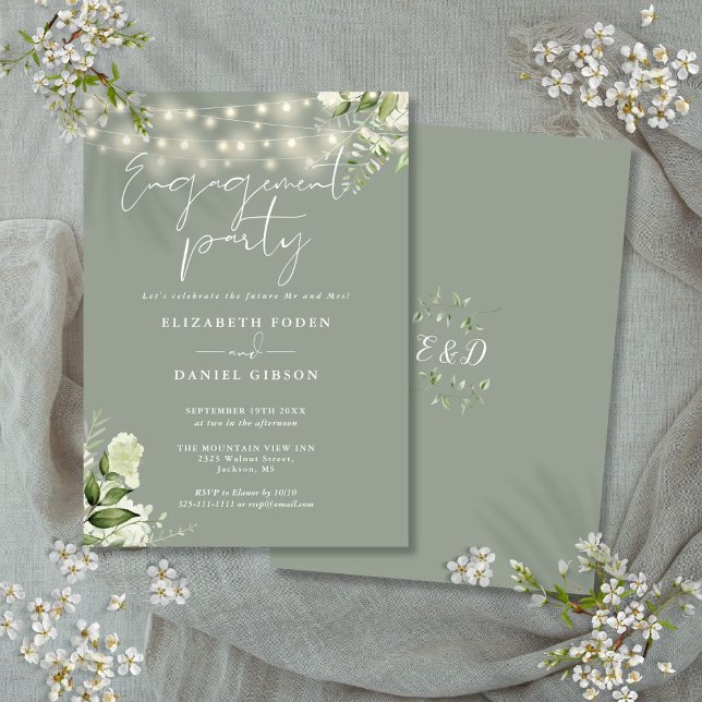 Floral String Lights Sage Green Engagement Party Einladung (Floral String Lights Sage Green Engagement Party Invitation)