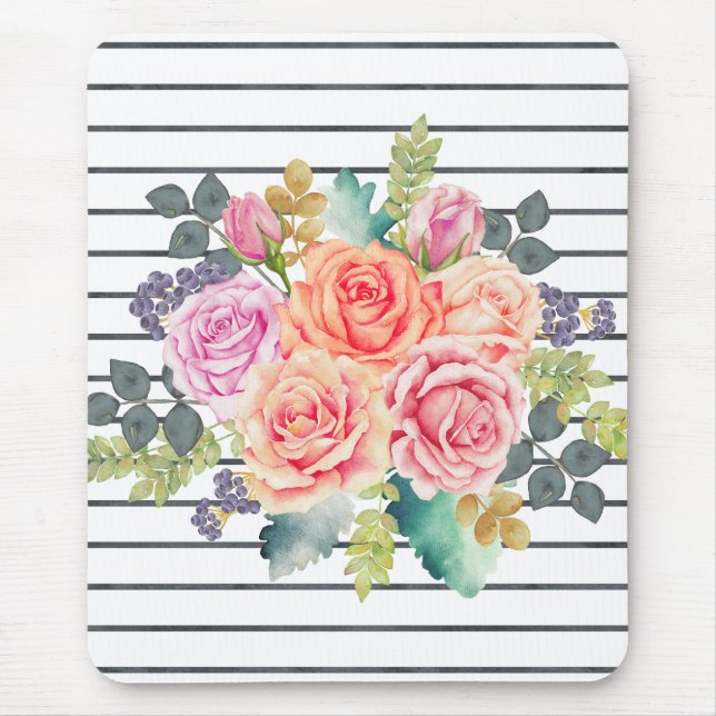 Floral Stripe Muster Trendy Rose Mousepad (Vorne)
