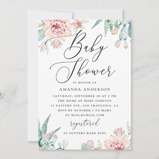 Floral Succulent Baby Shower | Elegant Boho Cactus Einladung (Vorderseite)
