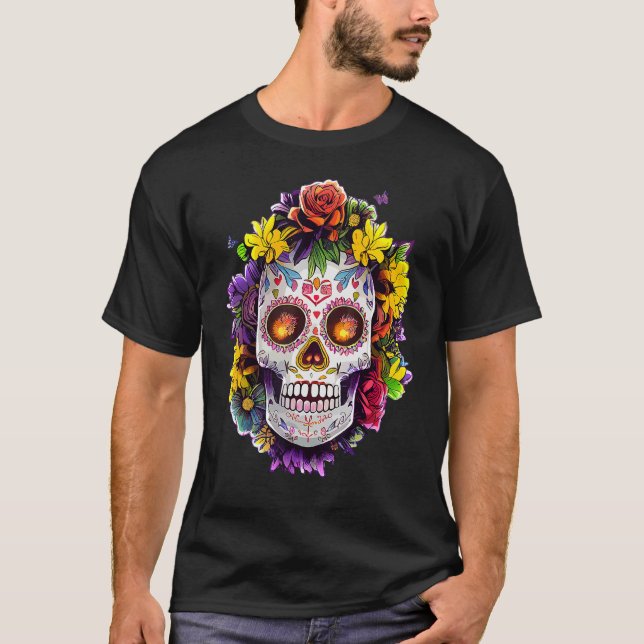 Floral Sugar Skull Day of the Dead Dia De Muertos T-Shirt (Vorderseite)