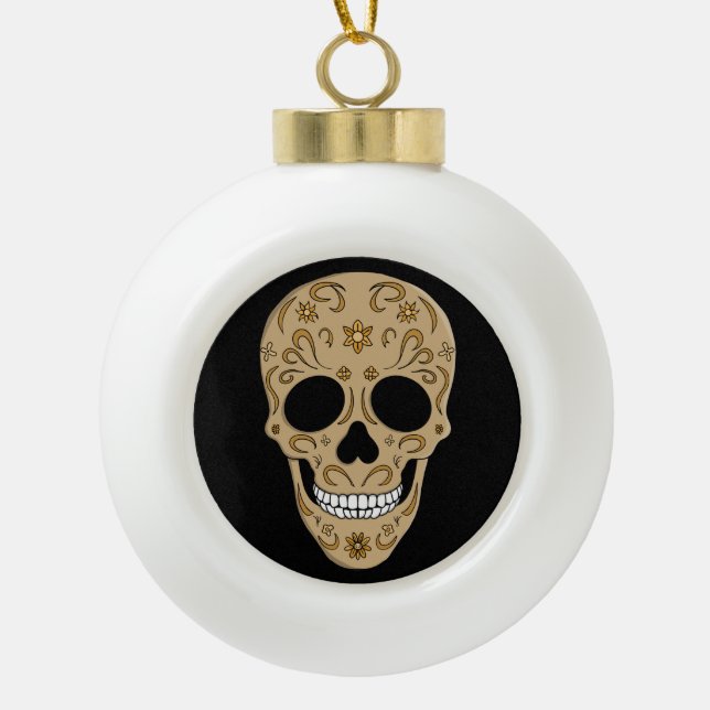 Floral Sugar Skull Dia de los Muertos Keramik Kugel-Ornament (Vorderseite)