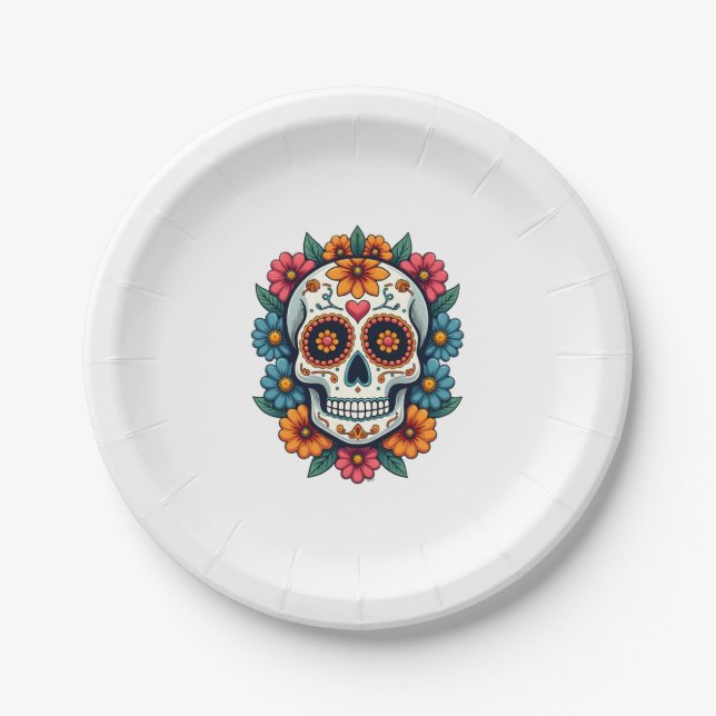 Floral Sugar Skull Dia De Muertos Day of The Dead  Pappteller (Vorderseite)