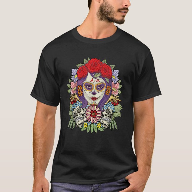 Floral Sugar Skull Dia De Muertos Women T-Shirt (Vorderseite)