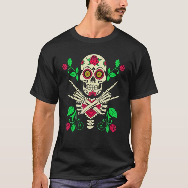 Floral Sugar Skull Mexican Rock & Roll Skeleton Ha T-Shirt (Vorderseite)