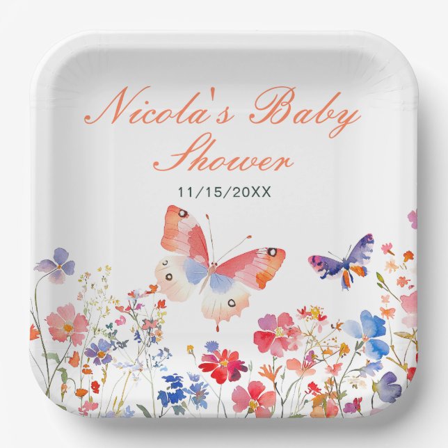 Floral Summer Butterfly Baby Dusche Pappteller (Vorderseite)