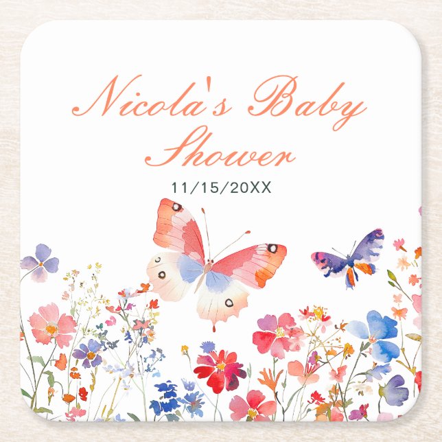 Floral Summer Butterfly Baby Shower Rechteckiger Pappuntersetzer (Vorderseite)