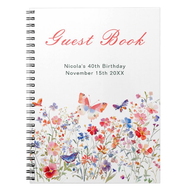 Floral Summer Butterfly Birthday Party Guest Book Notizblock (Vorderseite)